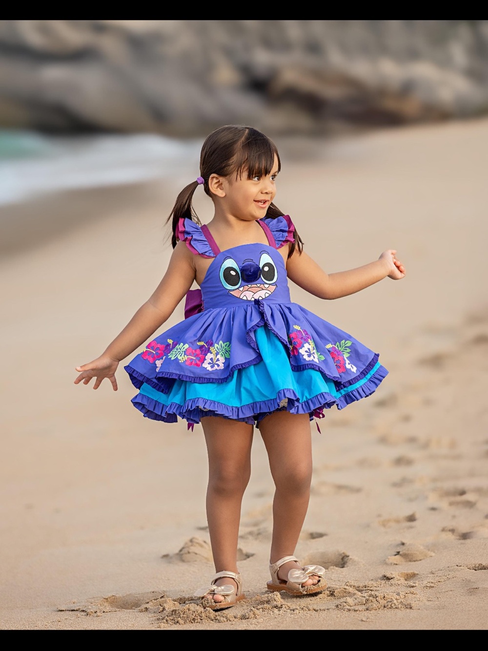 Girls Purple & Blue Cartoon Ruffle Dress with Floral Trim